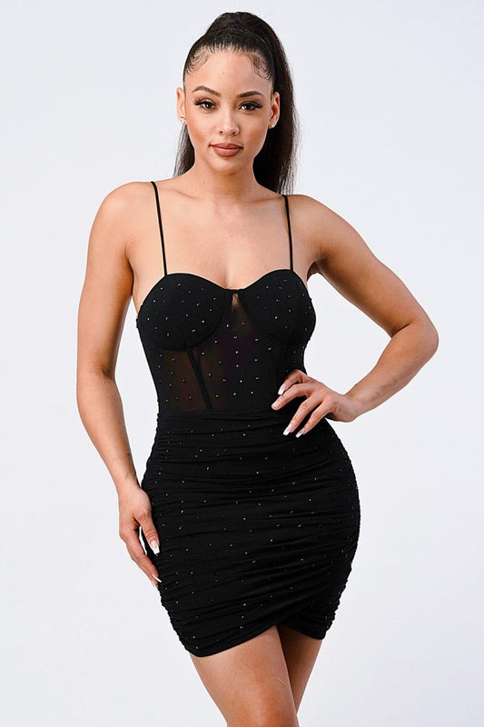 Luxe Glittery Mesh Ribbed Cami Corset Mini Dress | Black