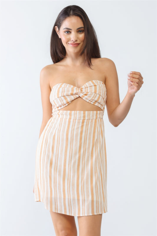Chic White & Apricot Stripe Print Strapless Cut-out Back Mini Dress
