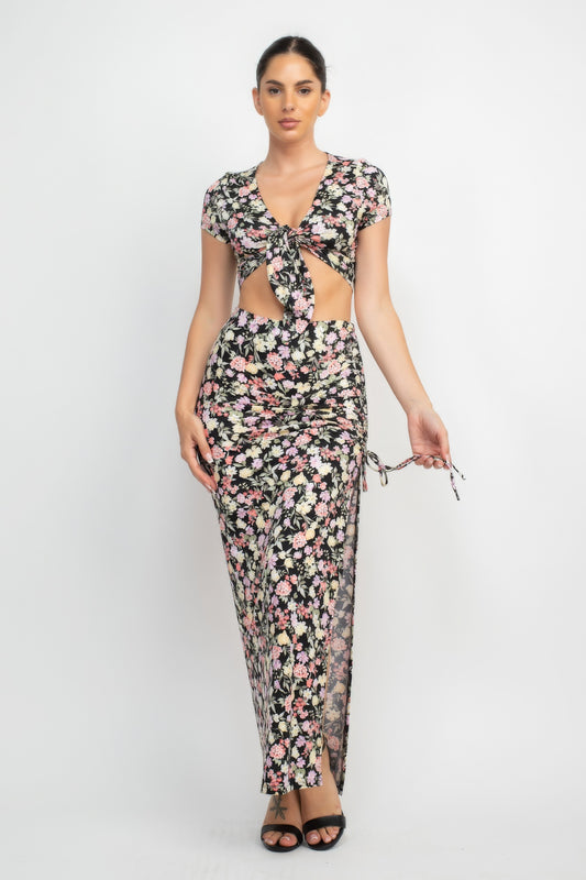 Midnight Bloom Front Knot Floral Top & Ruched Maxi Skirts Set | Black