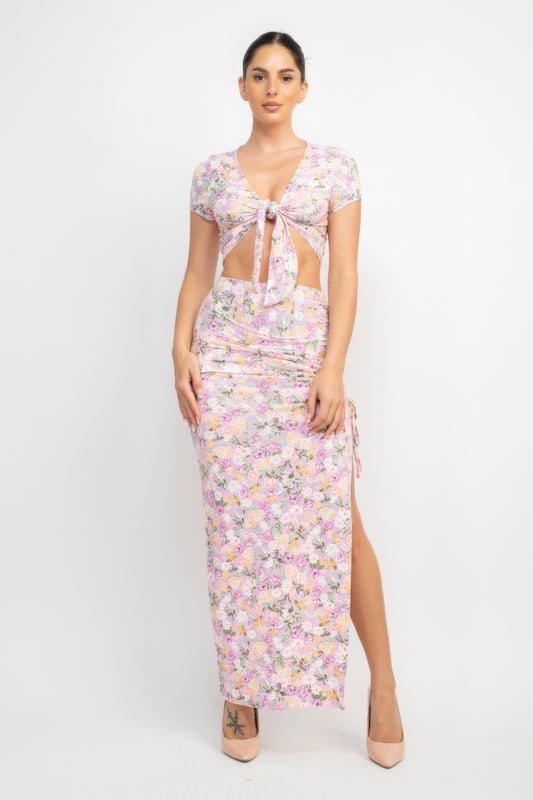 Blushing Petals Front Knot Floral Top & Ruched Maxi Skirts Set | Pink