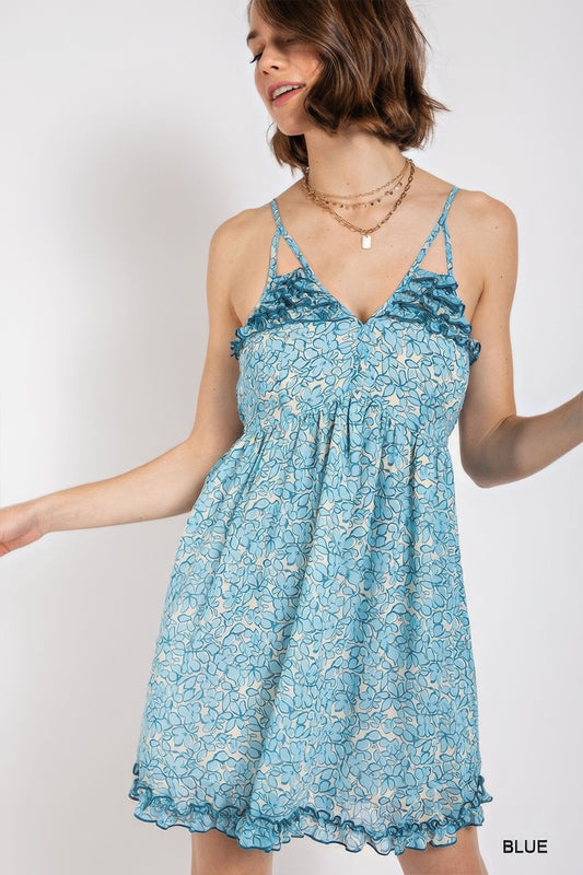 Serene Blue Floral Print V-Neck Dress w/ Skirt Lining