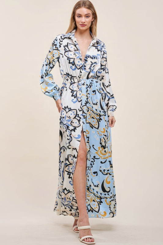 Blue/Ivory Color Block Printed V-Neck Dress