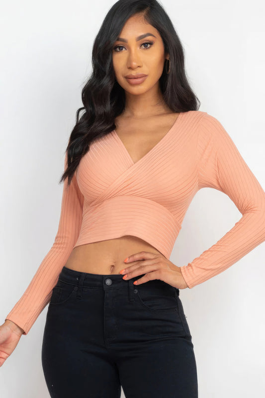 Rose Pink Ribbed Wrap Front Long Sleeve Top