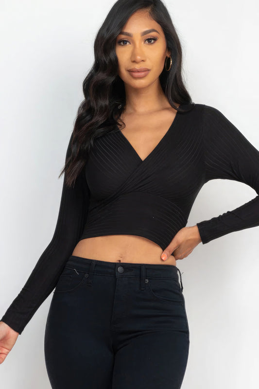 Black Ribbed Wrap Front Long Sleeve Top