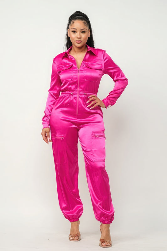 Hot Pink Satin Elegance Front Zipper Pockets Top & Pants Jumpsuit