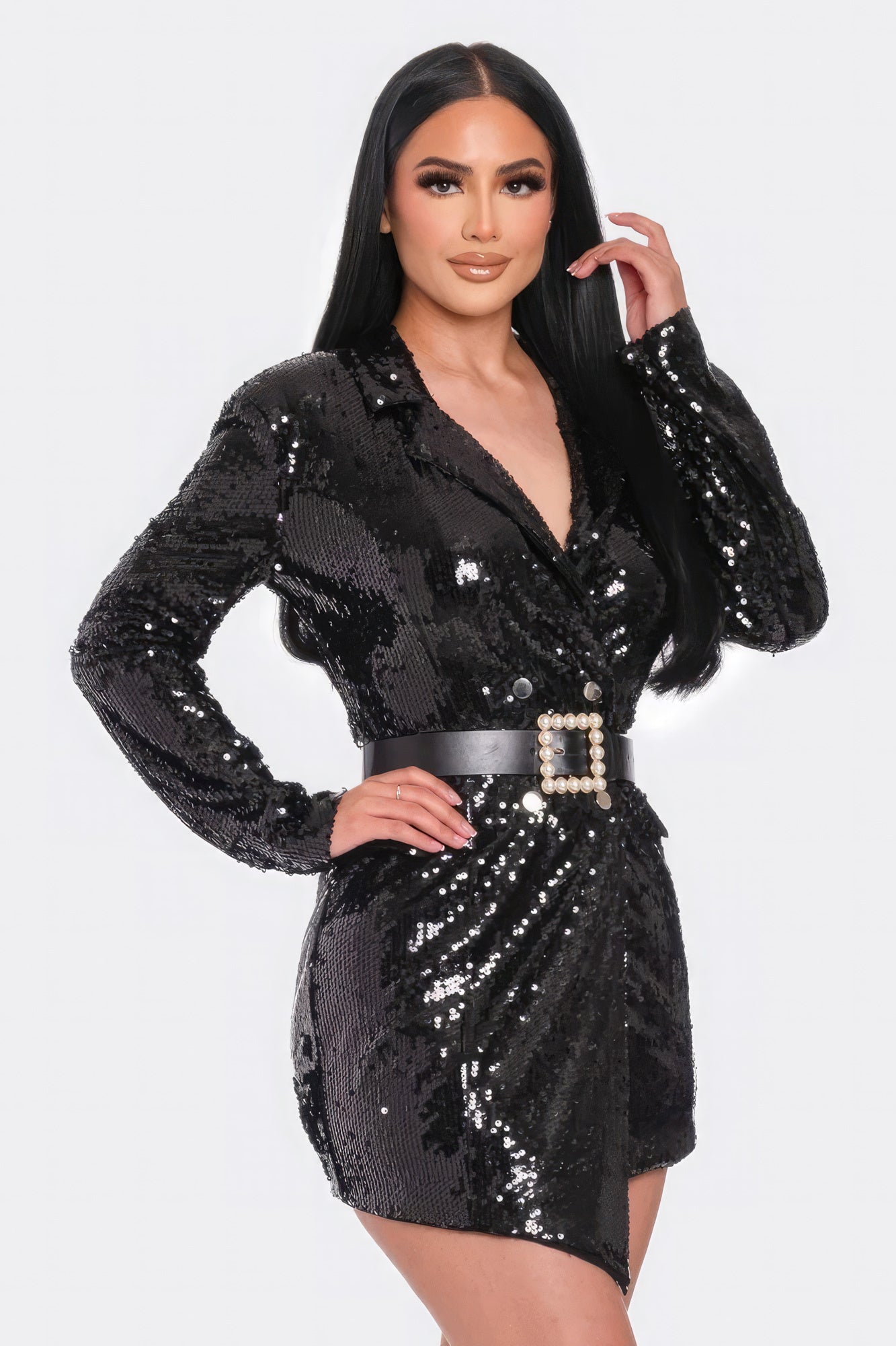 Black Eclat Pearl Belted Sequin Blazer Mini Dress