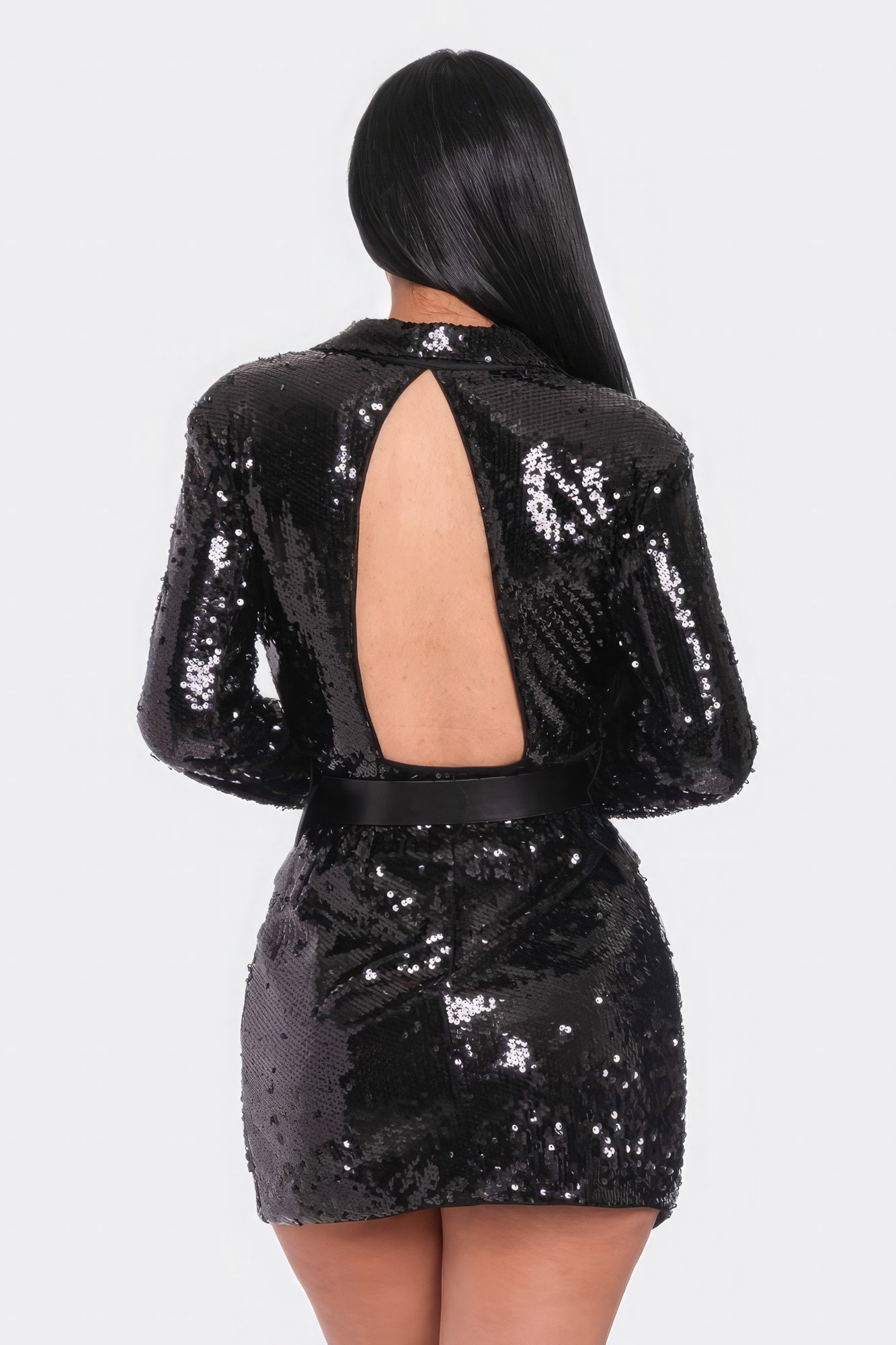 Black Eclat Pearl Belted Sequin Blazer Mini Dress