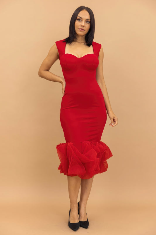 Vibrant Red Eleganza Organza Ruffle Bottom Affair Dress