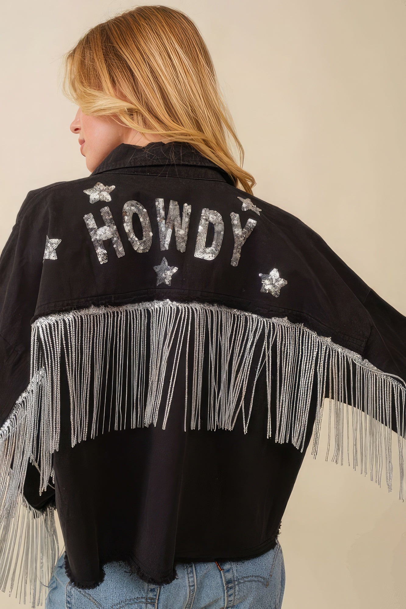Black Howdy Rodeo Radiance Sequin Sleeves Fringe Jacket