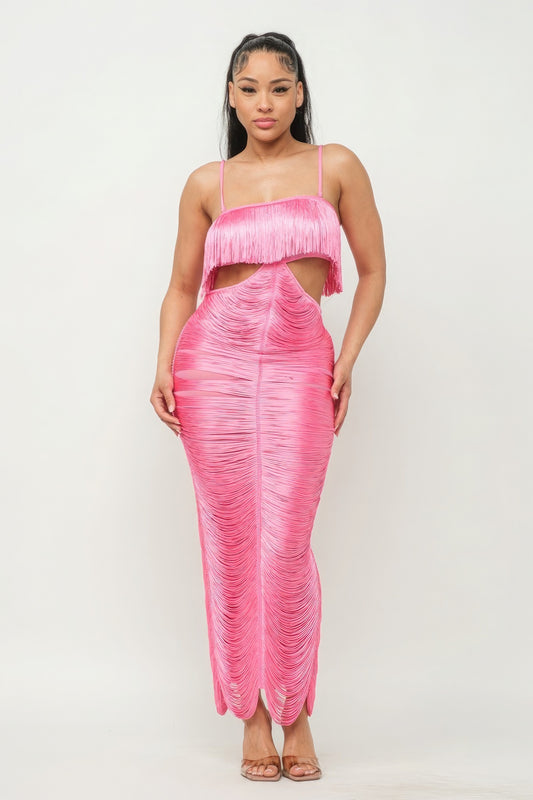 Pink Opulent Elegance Fringe Symphony Maxi Dress
